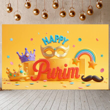 Bannière dorée de Pourim avec couronne violette, arc-en-ciel et étoiles – Décor de fond festif pour les photos de fête de Pourim