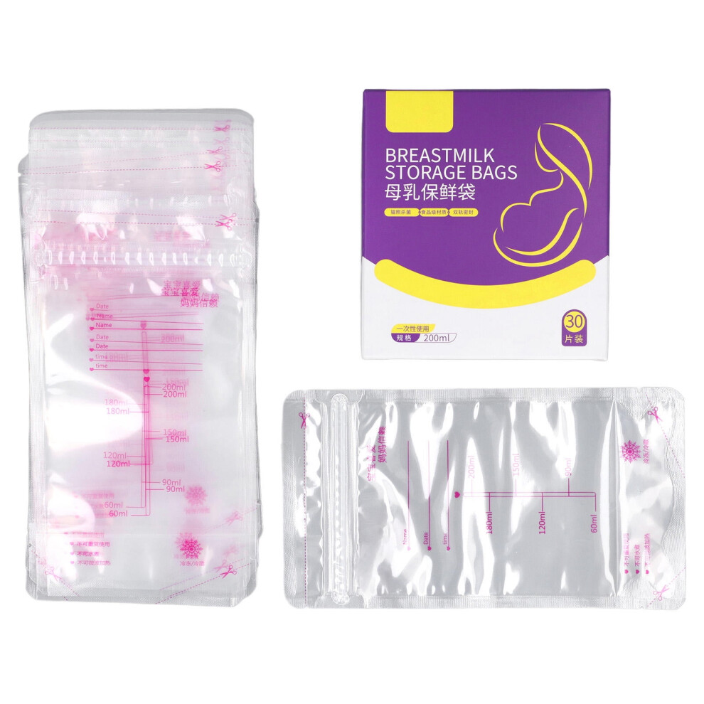 30‑Pack 200ml Breastmilk Storage Bags – Double‑Sealed, Food‑Grade PET/PE, Capacity Lines, One‑Time Use, Ideal for Freezer & Fridge