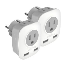 2-Pack EU Travel Plug Adapter w/ 2 USB + 2 US Outlets, 4-in-1 for Italy/Greece/France/Spain (Type C), compatible with US devices