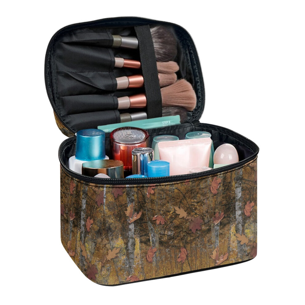 Maple Leaf Pattern Double Zipper Cosmetic Bag with Brush Slots Multi-Function Makeup Organizer Makeup Beauty Bag Practical Women Travel Storage