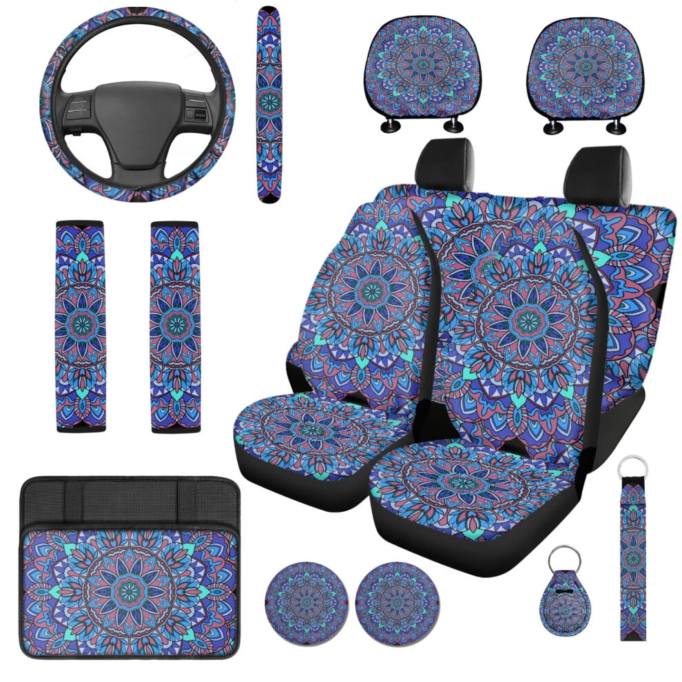 Mandala 14-Pc Car Seat Cover Set: Steering Wheel, Headrest, Console & Seat Belt Covers For Cars/Suvs Purple 9426043751906