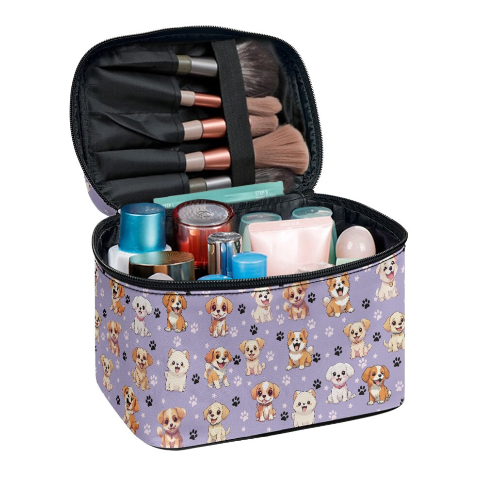 puppy Paw Print Pattern Double Layer Travel Makeup Bag with Brush Slots Travel Accessories Organizer Daily Work Practical