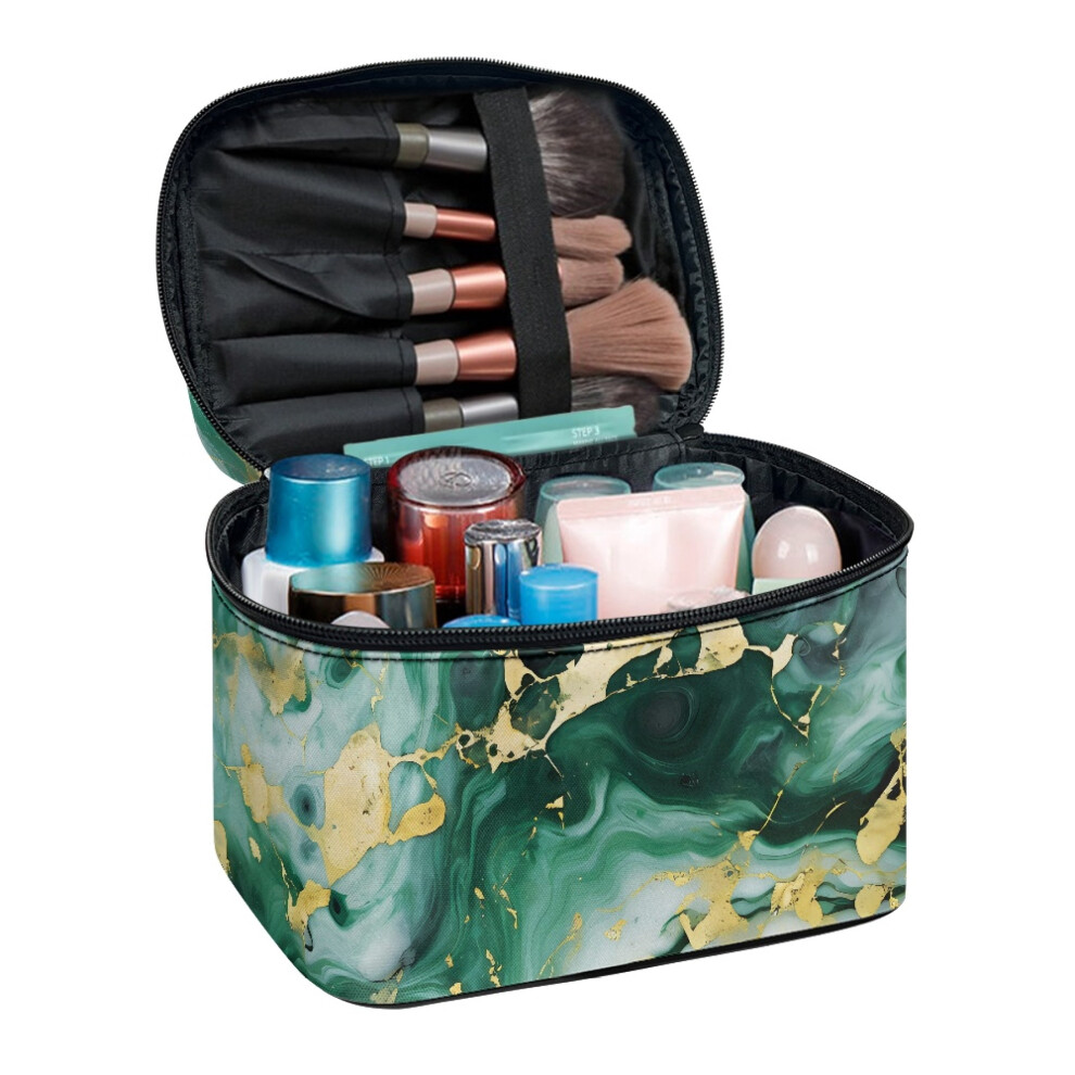 Marble Pattern Polyester Cosmetic Bag Organizer with Slip-in Pockets Double Zipper (8.86"x6.5"x5.9") Portable Cosmetic Organizer Bags