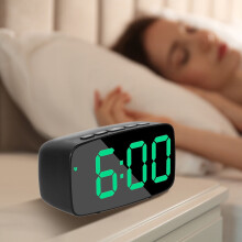 LED Digital Alarm Clock with Snooze, 12/24H Time, Temperature Display, Stereo Green Red Mirror White