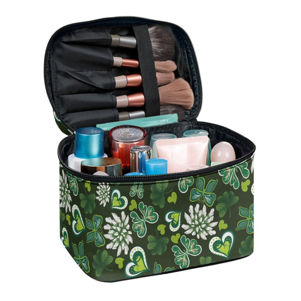 Polyester Travel Cosmetic Organizer Bag with Brush Holder Green Butterfly Heart for Men and Women