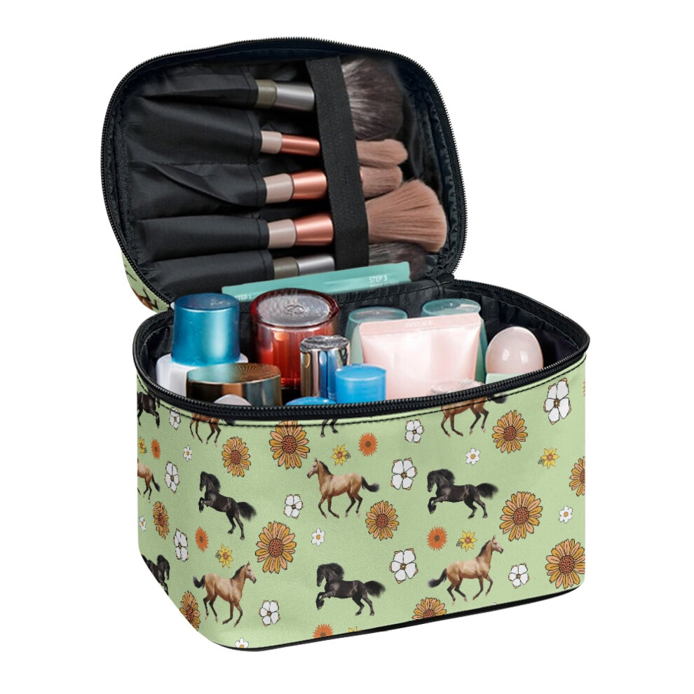 Horse and Flower Pattern 8.86 x 6.5 x 5.9 Inches Make up Bags Bridesmaid With Zipper & Handle Hand-Held with Large Capacity