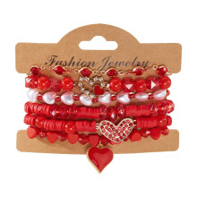 DAMAI 5-Pc Bohemian Crystal Glass Beaded Valentine's Bracelets Set – Love Heart, Clay Beads, Pink/Red Stretch Stackable Jewelry, Compatible with