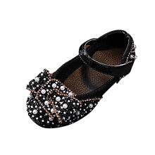 Girls Mary Jane Dress Shoes Ballet Flat with Bow Pearl Rhinestones Shining Baby Girls Shoes Black 13.5