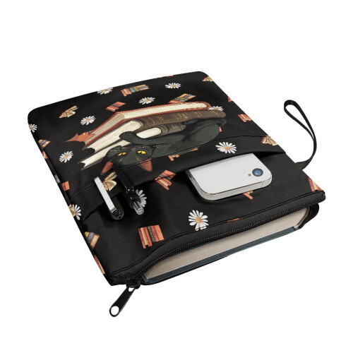 Black Cat and Daisy Pattern Book Protector, 1 pc Polyester Fabric Lightweight Reusable for Classroom Library, 11.4 Inch X 8.66 Inch 2