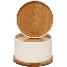 5-Piece Wooden Coasters Set with Holder for Drinks - Round Heat-Resistant Tabletop Protection Cup Mats, Natural Wood Coasters with Lip