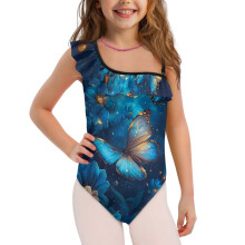 Blue Butterfly Swimsuit One Piece for Girls Ruffle Bathing Suit Size 7-8 Single Spaghetti Strap Polyester and Spandex Beach Swimwear