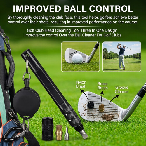 (Black Pull Ring) 3-in-1 Golf Club Cleaner & Ball Control Tool 1
