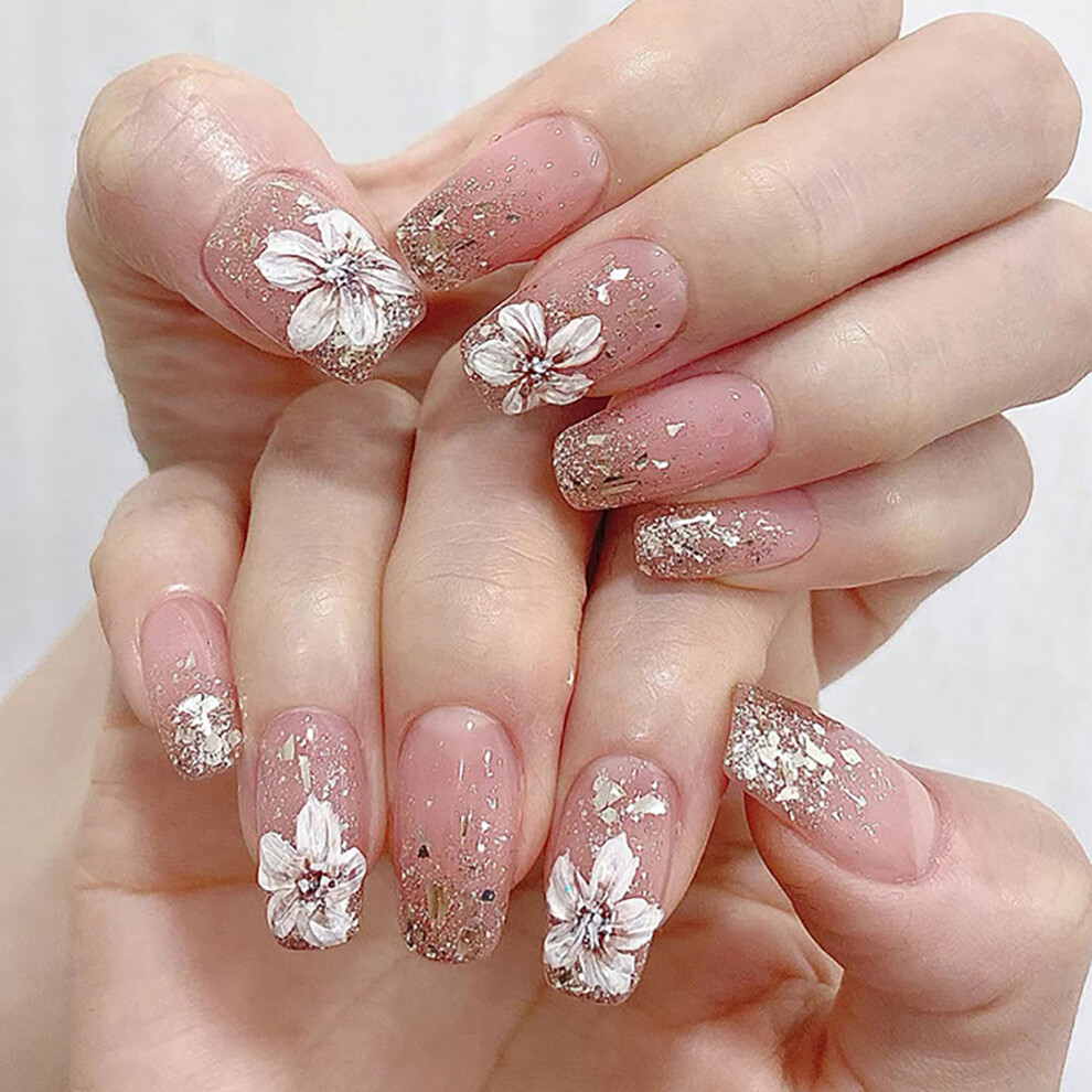 Dachuang Beauty Glitter White Camellia Press-On Nails For Gifts