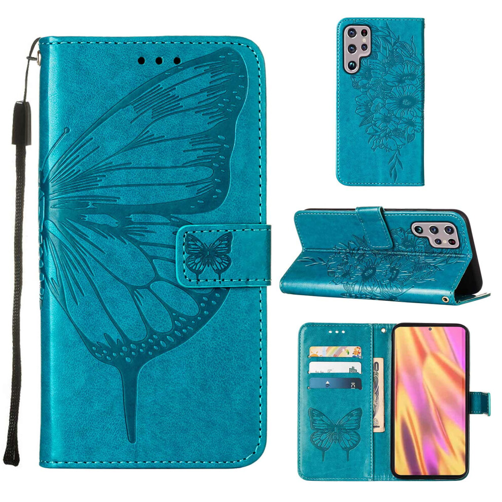 Magnetic Pu Leather Wallet Case For Samsung Galaxy S23 Ultra Â Butterfly Embossed, Wrist Strap, Card Slots, Kickstand Blue 9065194485805