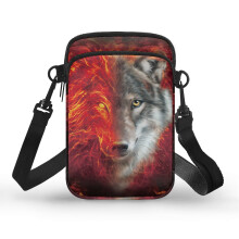 Halbflammen-Wolf-Porträt Umhängetasche, kleine Umhängetasche für Erwachsene, doppellagige Schultertasche aus Polyester mit Schultergurt