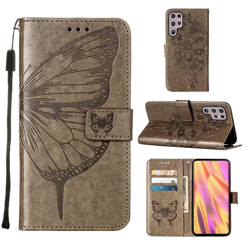 Magnetic Pu Leather Wallet Case With Wrist Strap & Kickstand For Samsung Galaxy S23 Ultra Â Gray 9065194485430
