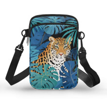 Verstellbare Umhängetasche, Polyester mit Schultergurt für Erwachsene, Jaguar in tropischen Blättern