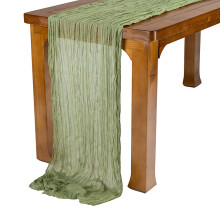 Chemin de table en mousseline froissée – Nappe bohème translucide pour mariage, baby shower, anniversaire (118 po x 35 po, vert olive)