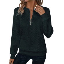 Dame Kabelstrik Sweater med Halv Lynlås V-Hals Krave Trendy Langærmet Pullover Toppe