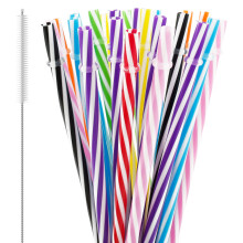 Lot de 24 pailles réutilisables en plastique à rayures (0,3 pouce) + goupillon, idéales pour la maison, les fêtes et les mariages.