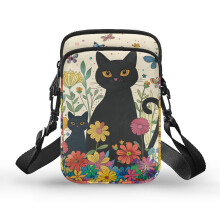 Doppellagige kleine Umhängetasche, Polyester-Schultertasche für Damen und Herren, Katzen-Blumenmuster
