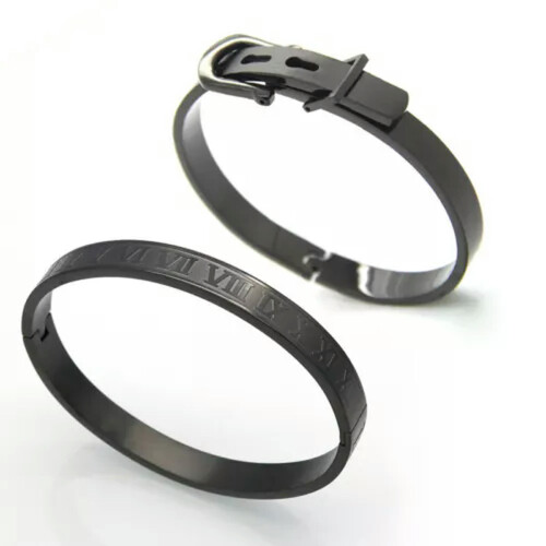 Roman Numeral Cuff Bangle Bracelet Set 2 pcs Black