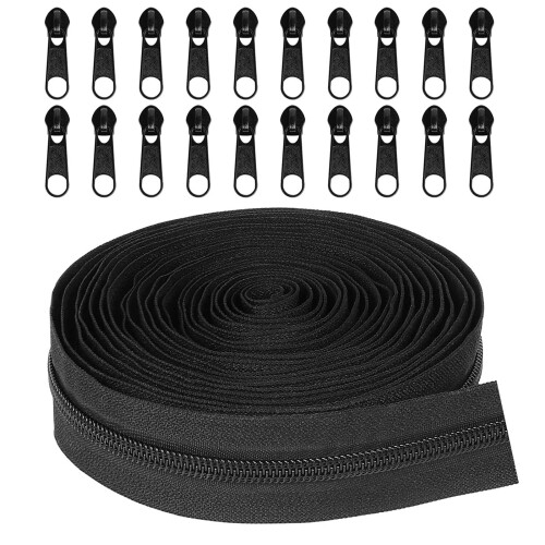 Nylon Coil Zipper Black 5 Yards with 20 Sliders