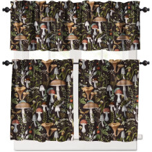 Mushroom Kitchen Curtains Set, Botanical Wild Herbs Print, 54x24 Inch, 3-Piece Valance for Kitchen & Cafe