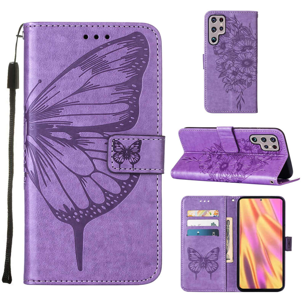 Magnetic Pu Leather Wallet Case For Compatible With Samsung Galaxy S23 Ultra Â Butterfly Embossed, Wrist Strap, Card Slots, Kickstand, Light Purple 9065194487960