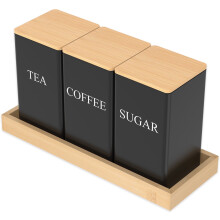 3PCS Metal Tea/Coffee/Sugar Canisters with Bamboo Lid & Tray, Space-Saving Kitchen Storage Jars, Compatible with Standard Counters