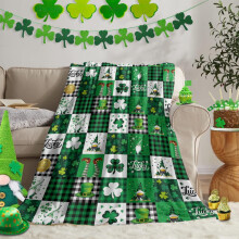 Clearance! Ultra Soft Shamrocks Gnome Fleece Blanket – Warm, Lightweight, Green Plaid Throw for Sofa, Bed, Office, Travel – Compatible with Cozy