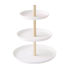 3-Tier Round Storage Tray with Wood Columns – Plastic Disc Organizer, Space-Saving Display for Desserts, Snacks & Small Accessories, Home & Desk
