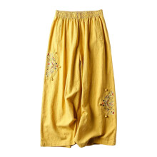 Women' S Culottes Linen Blend Wide Leg Pants Elastic Waist Casual Palazzo Trousers With Pockets Capris (Yellow,XXXXL)
