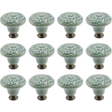 12Pcs Round Ceramic Drawer Knobs Cabinet Furniture Handle Vintage Flower Pattern Knobs, with Mounting Screws,Green