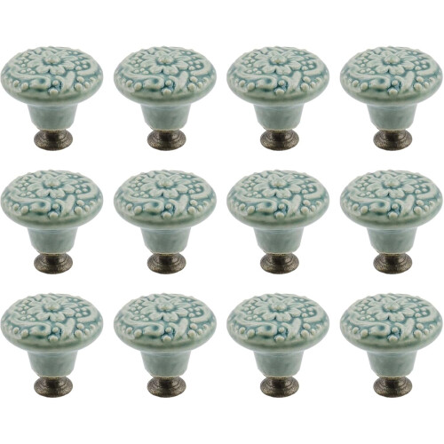 12Pcs Round Ceramic Drawer Knobs Cabinet Furniture Handle Vintage Flower Pattern Knobs, with Mounting Screws,Green