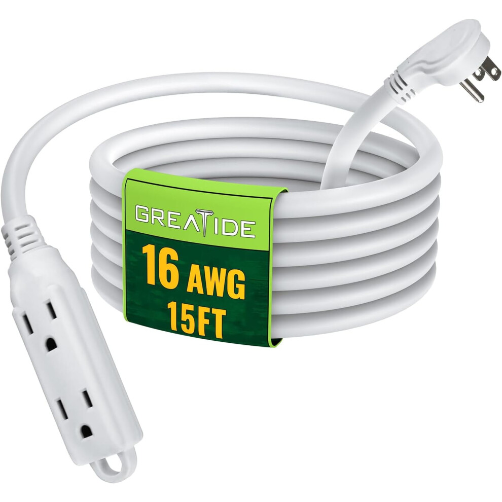 15Ft Flat Plug Extension Cord, 16/3 Sjt, 3 Outlets, 45 Angled Plug, White, Compatible With Us Outlets 9426043870669