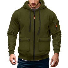 Jaqueta corta-vento masculina casual com capuz e forro, zíper frontal completo, modelagem folgada, estilo agasalho térmico para uso casual, verde