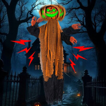 51" Shaking Halloween Pumpkin Scarecrow with Green Eyes & Sound Activation – Compatible with Indoor/Outdoor/Haunted House/Yard