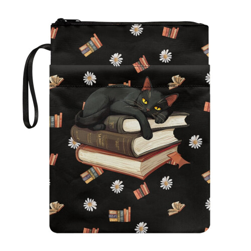 Black Cat and Daisy Pattern Book Protector, 1 pc Polyester Fabric Lightweight Reusable for Classroom Library, 11.4 Inch X 8.66 Inch
