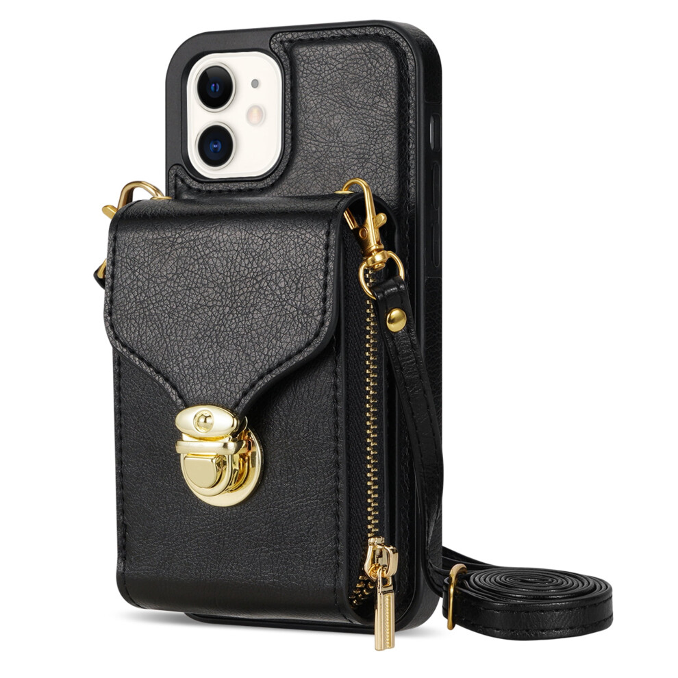 Crossbody Zipper Wallet Case For Iphone 11 (6.1", 2019), Leather Protective Cover With Card Slots, Black 9065194494371