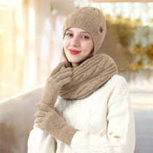Women's 3 Piece Knit Set, Fleece Lined Hat Scarf and Gloves, Winter Warm Matching Set for Daily Commute, Cold Weather Knit Accessories Ensemble Khaki