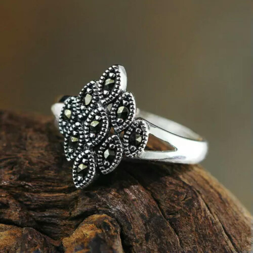 925 Sterling Silver Oval Marcasite Adjustable Ring A3330-10 1
