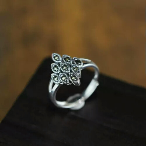 925 Sterling Silver Oval Marcasite Adjustable Ring A3330-10 2