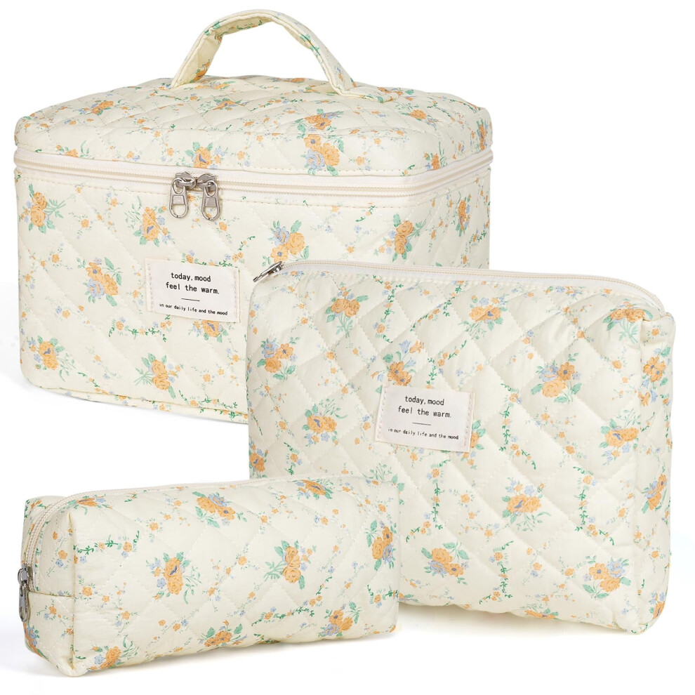 Makeup Bag,Quilted Cosmetic Bag,Large Floral Make Up Bag for Women,Cotton Makeup Bag Set,Flower Travel Toiletry Bag
