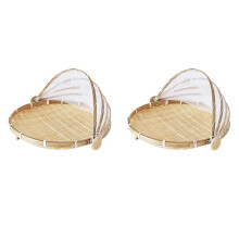 2X Hand-Woven Food Tent Basket Tray Fruit Vegetable Bread Storage Basket Simple Atmosphere Outdoor Picnic Mesh Net Cover