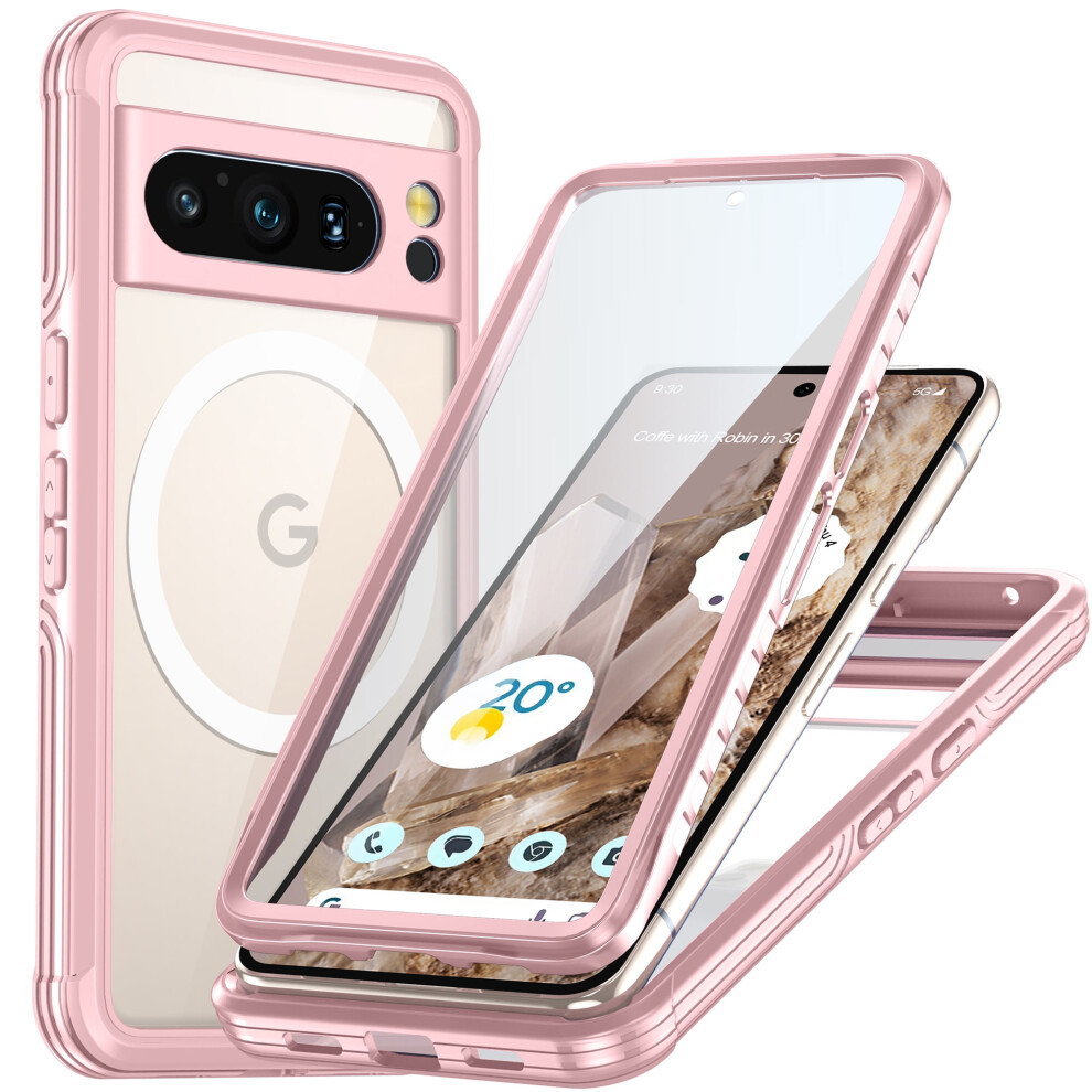 Clear Magnetic Case For Google Pixel 8 Pro, Built-In Tempered Glass, Compatible With Magsafe, Rugged Shockproof, 6.7", Pink 9341593694292