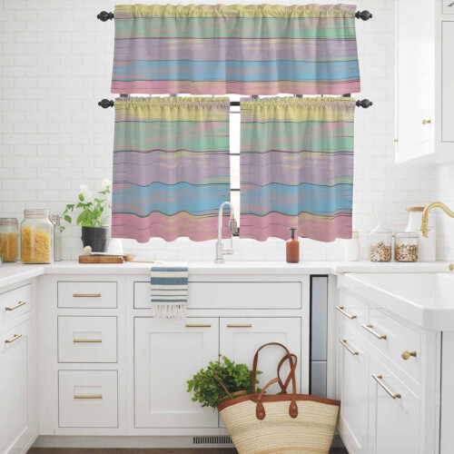 Wood Striped Kitchen Curtains and Valances Set Pink Blue 2