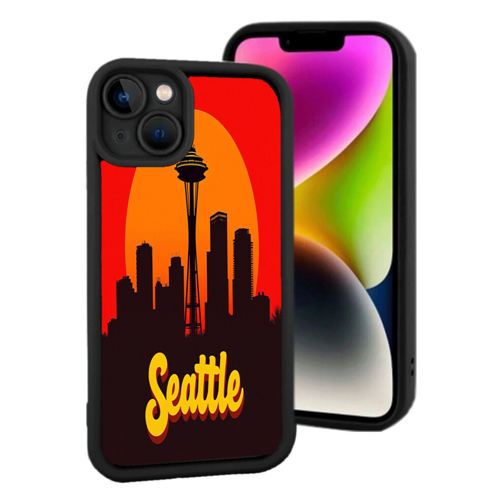 Lightweight Compatible With Iphone 15 Phone Case - Seattle Skyline Silhouette With Space Sunset Gradient Bold Cursive Design Yellow 9122141109082
