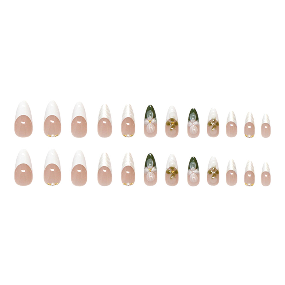 Reach-Tools 24Pcs White Green French Tea Flower Fake Nails Set