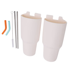 40oz Silicone 2-in-1 Drink Separator Cup with Stainless Steel Straws White